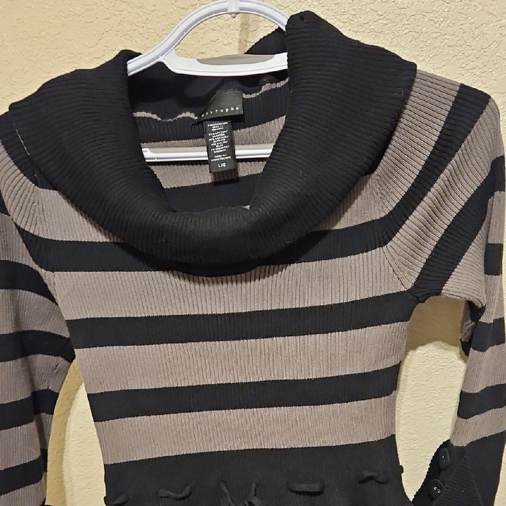 Apostrophe Black and Gray Striped Sweater Dress with Cowl Neck - Picture 3 of 11